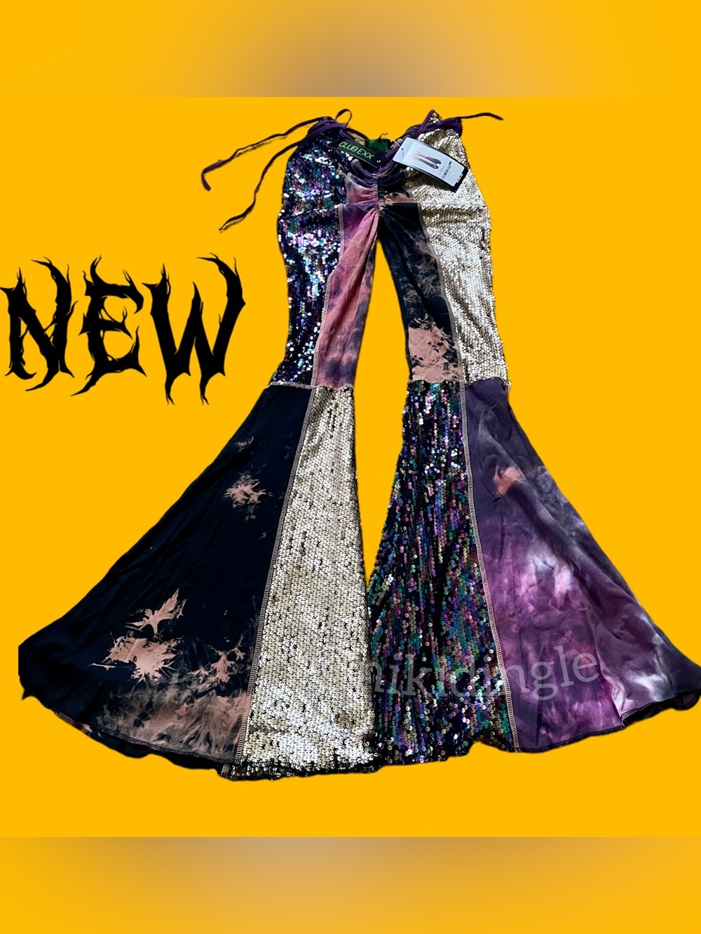 Dolls Kill Patchwork Sequin Flare Pants Tie Dye Club Exx Festival Goth S
